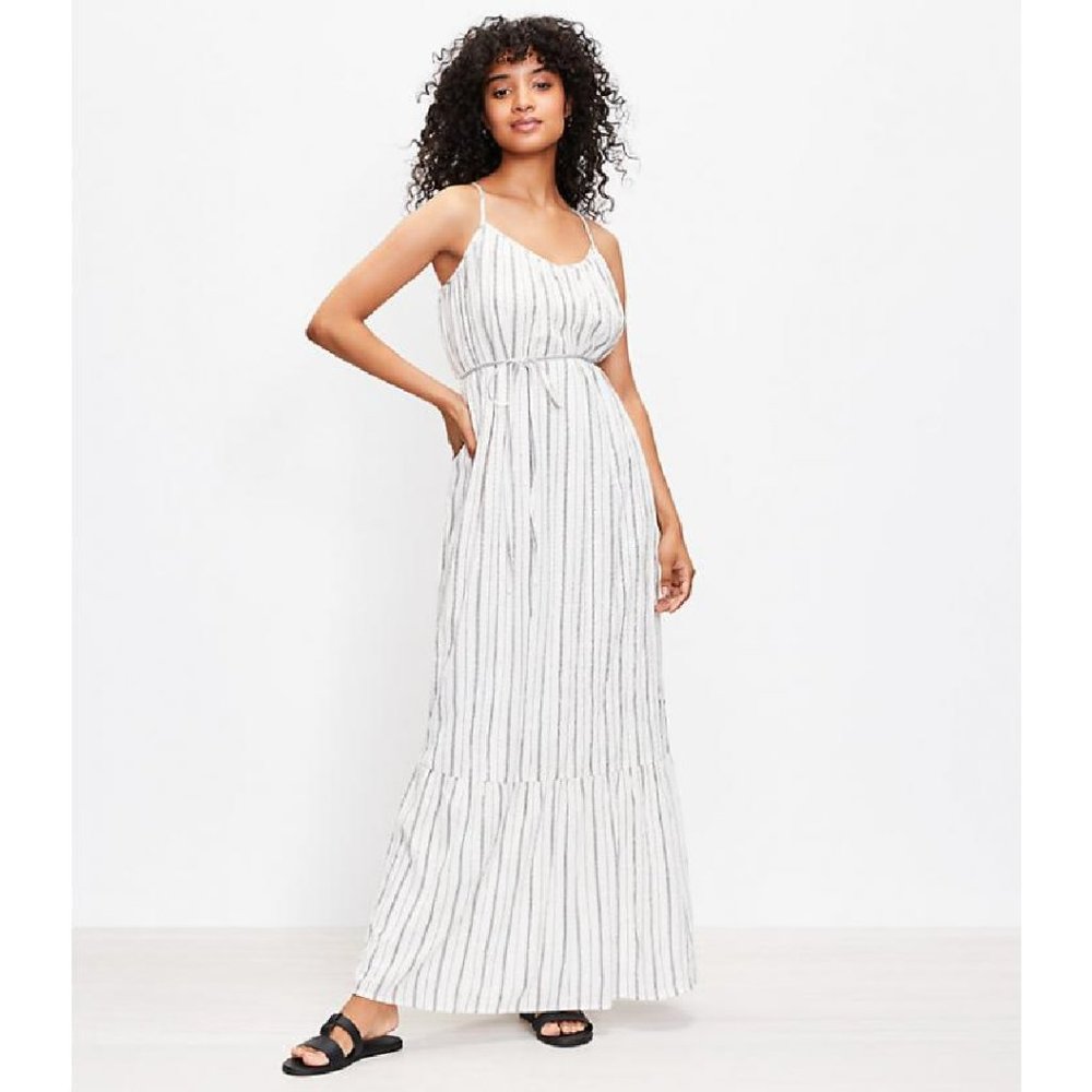 Loft Shimmer Stripe Tie Back Maxi Dress Whisper White